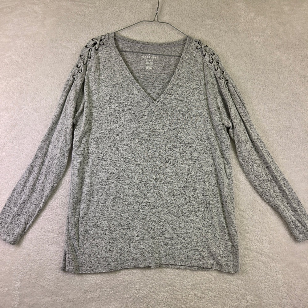American Eagle Soft & Sexy Plush Grey Marled V-Neck Lace Up Shoulder Top M